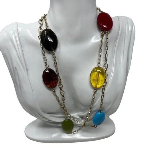 Gold Tone Necklace Oval Glass Multi Color Stations Red Blue Green‎ Yellow - Picture 1 of 6